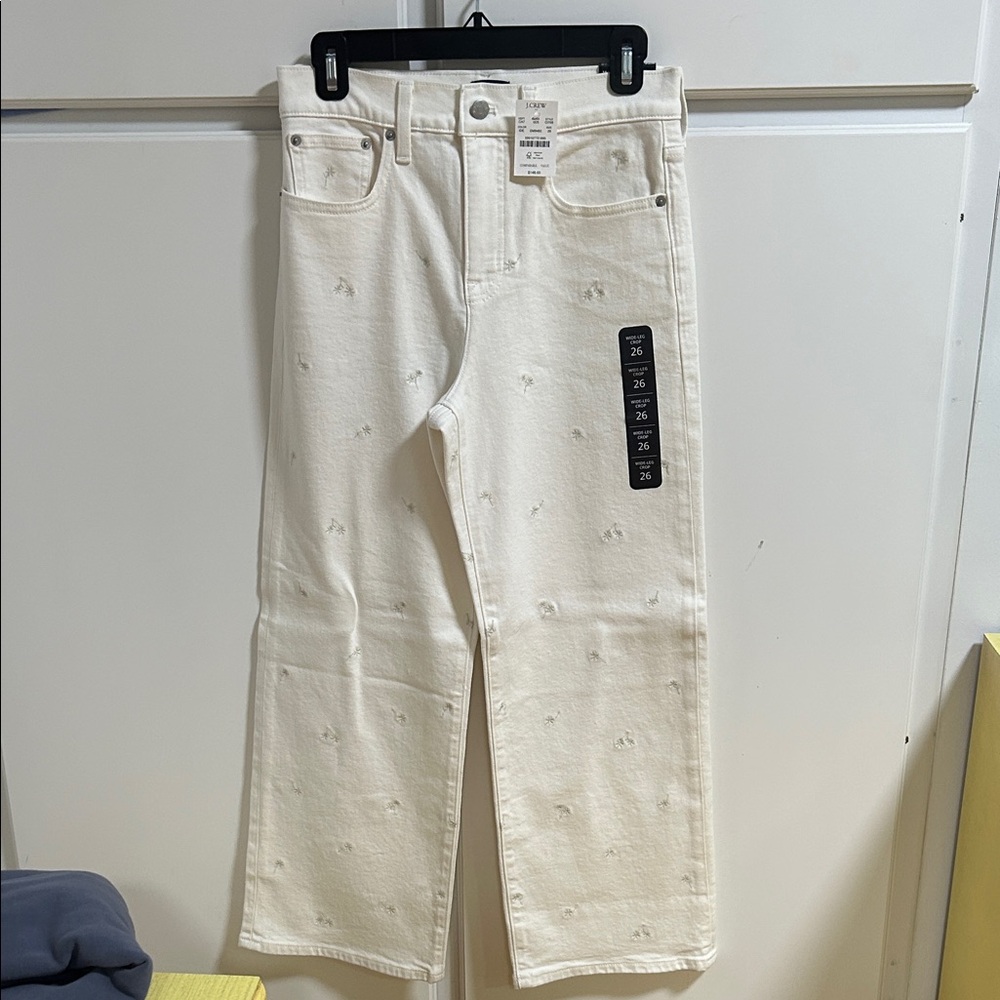 J. Crew Factory Embroidered Floral Wide Leg Crop White Jeans 26 NWT